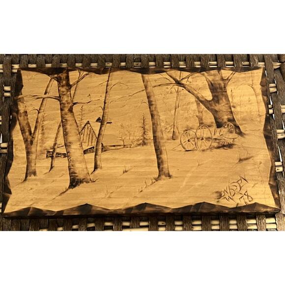 Pyrography by Don Worden 1978 Rustic Cabin in the Woods Wood Folk Art - Picture 1 of 10